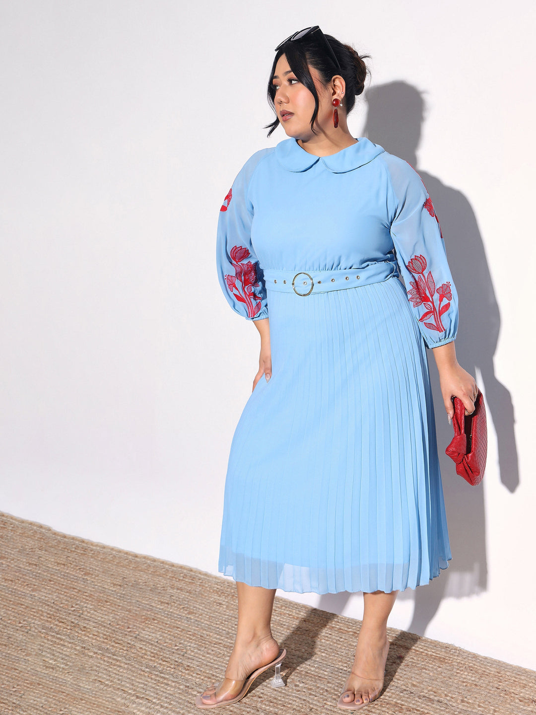 Women Blue Embroidered PeterPan Pleated Midi Dress