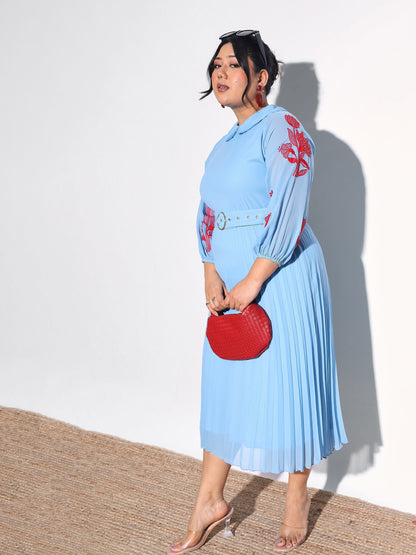 Women Blue Embroidered PeterPan Pleated Midi Dress
