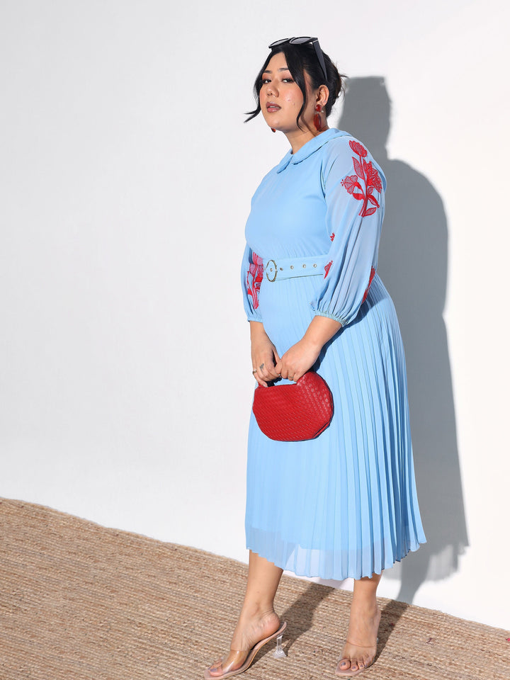 Women Blue Embroidered PeterPan Pleated Midi Dress