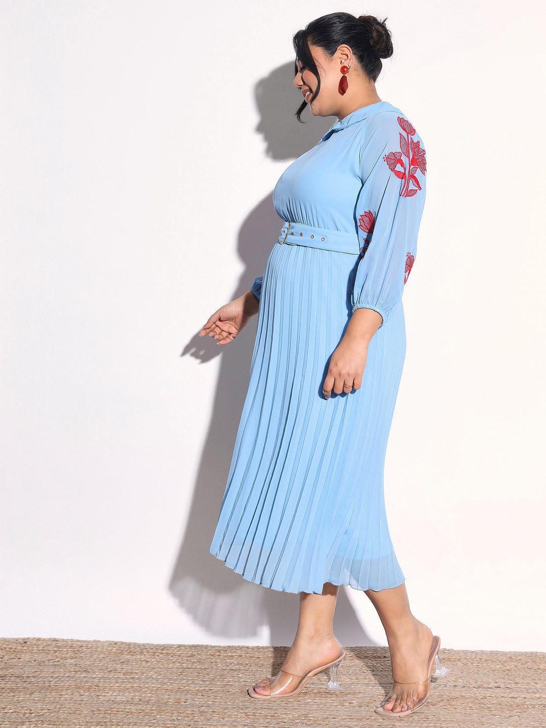 Women Blue Embroidered PeterPan Pleated Midi Dress