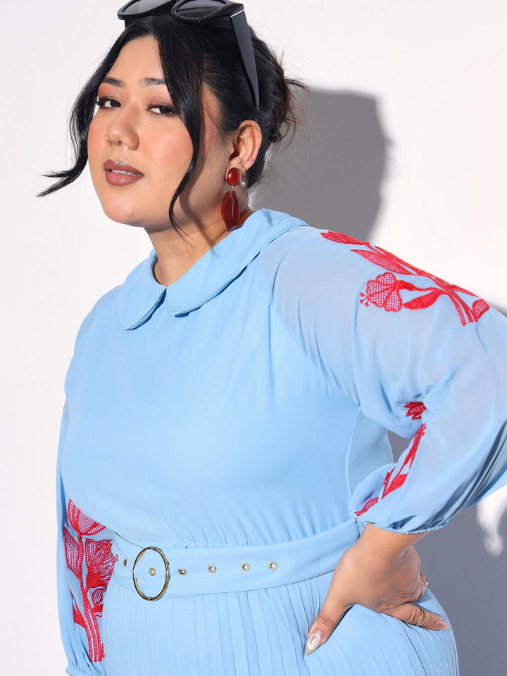 Women Blue Embroidered PeterPan Pleated Midi Dress