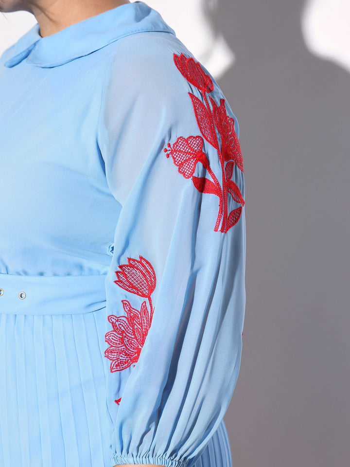 Women Blue Embroidered PeterPan Pleated Midi Dress