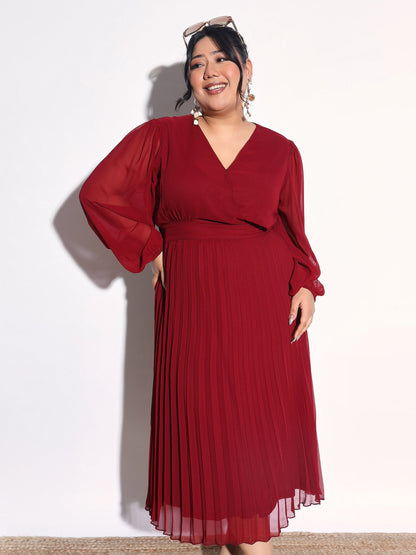 Women Maroon V-Neck Pleated Midi Dress