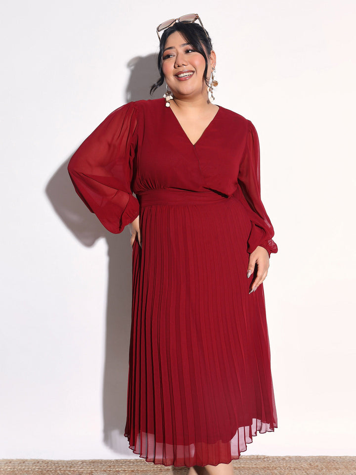 Women Maroon V-Neck Pleated Midi Dress