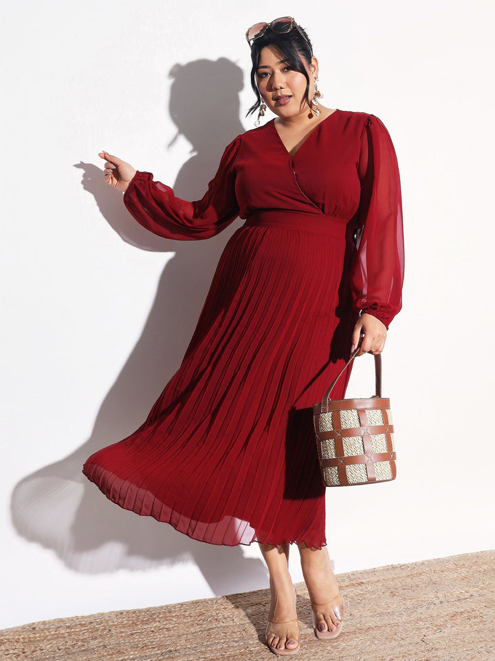 Women Maroon V-Neck Pleated Midi Dress