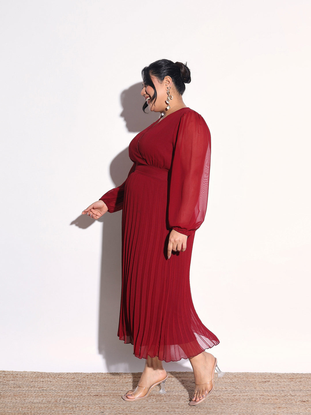 Women Maroon V-Neck Pleated Midi Dress