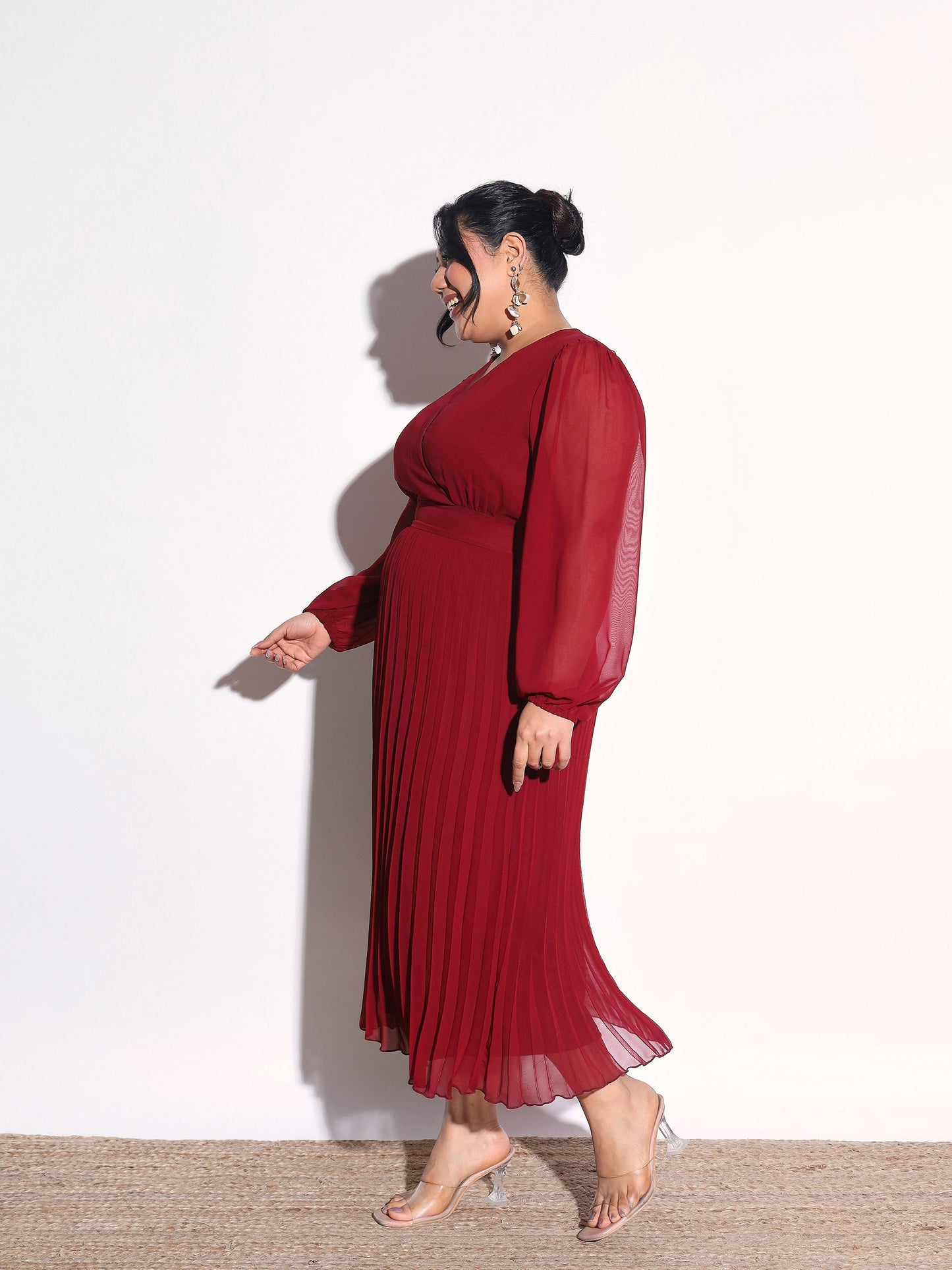 Women Maroon V-Neck Pleated Midi Dress