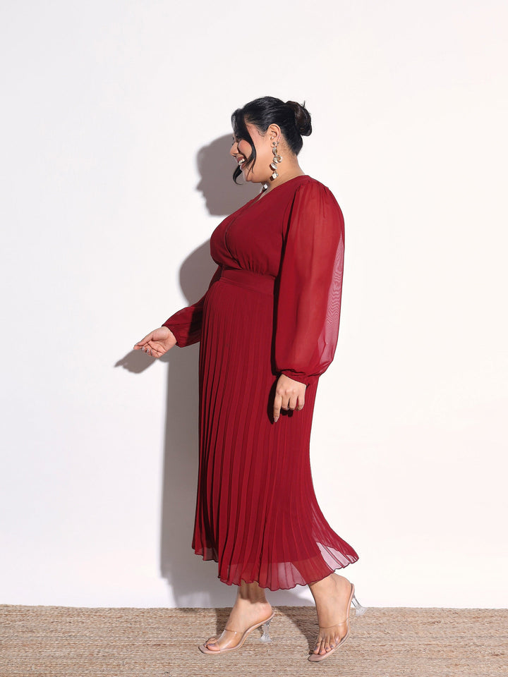 Women Maroon V-Neck Pleated Midi Dress