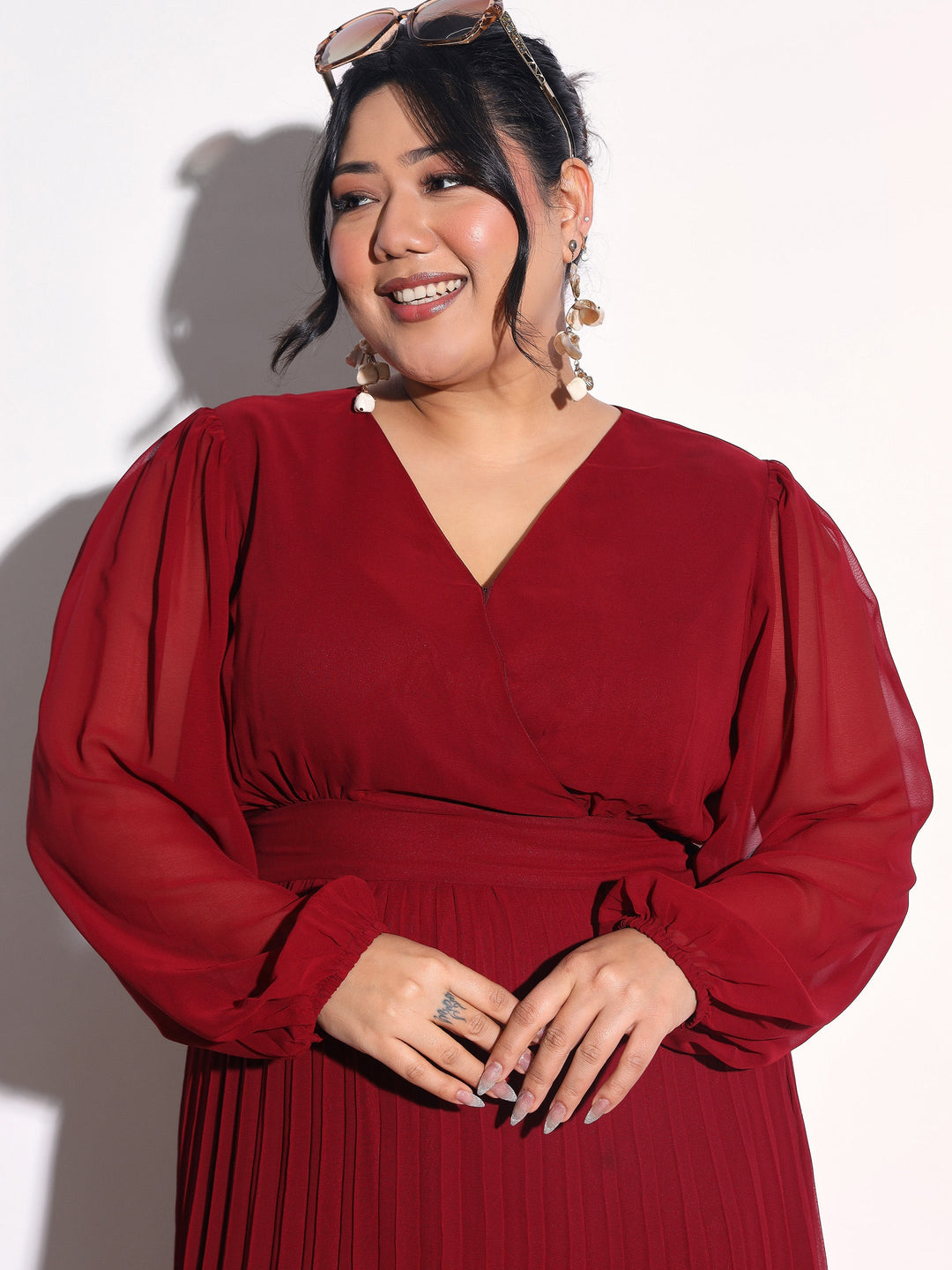 Women Maroon V-Neck Pleated Midi Dress