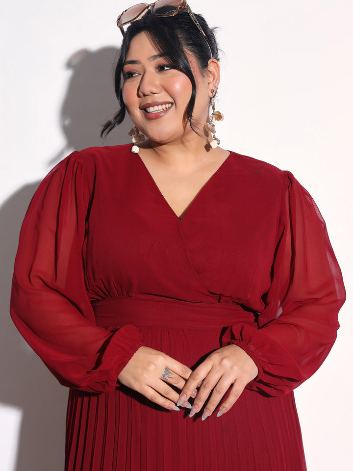 Women Maroon V-Neck Pleated Midi Dress