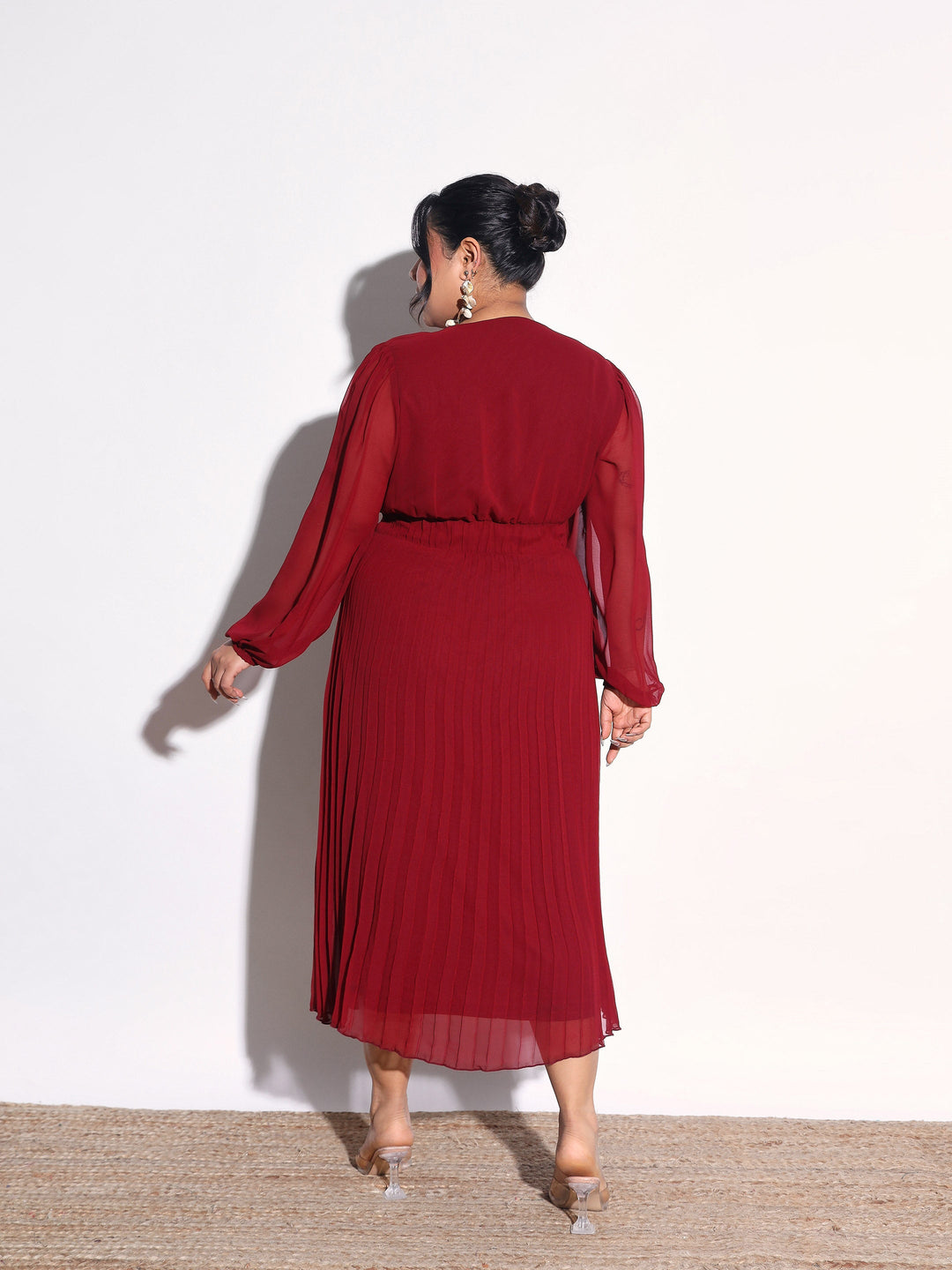 Women Maroon V-Neck Pleated Midi Dress