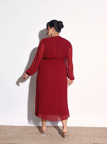 Women Maroon V-Neck Pleated Midi Dress