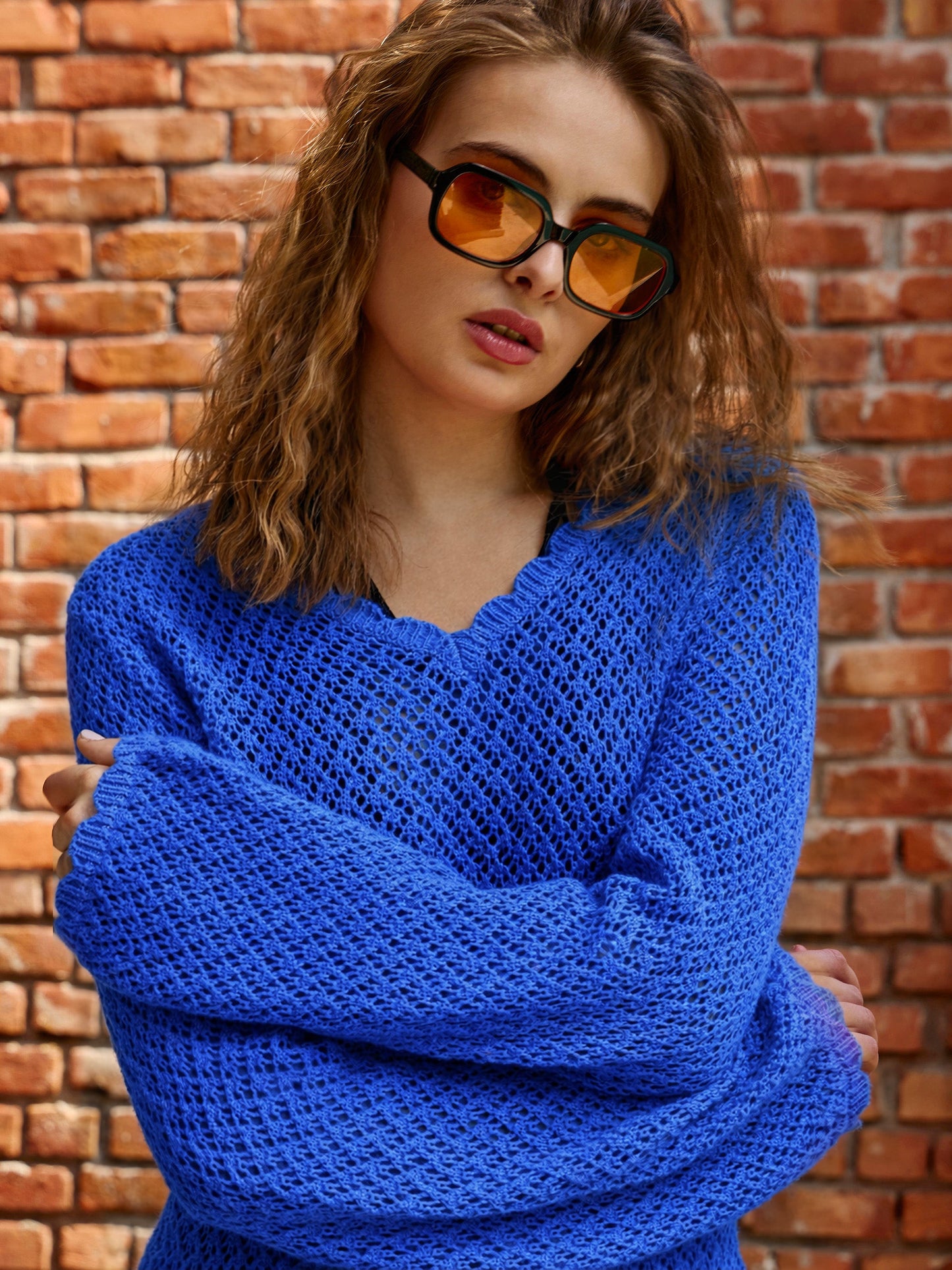 Blue Crochet V-Neck Full Sleeve Short Beach Dress