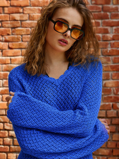 Blue Crochet V-Neck Full Sleeve Short Beach Dress