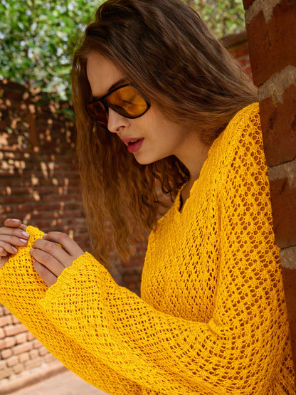 Mustard Crochet V-Neck Full Sleeve Short Beach Dress