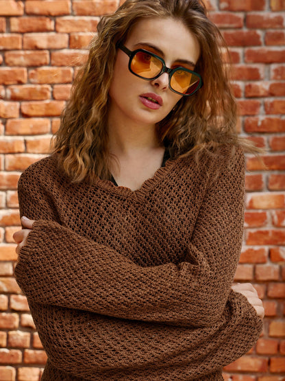 Brown Crochet V-Neck Full Sleeve Short Beach Dress