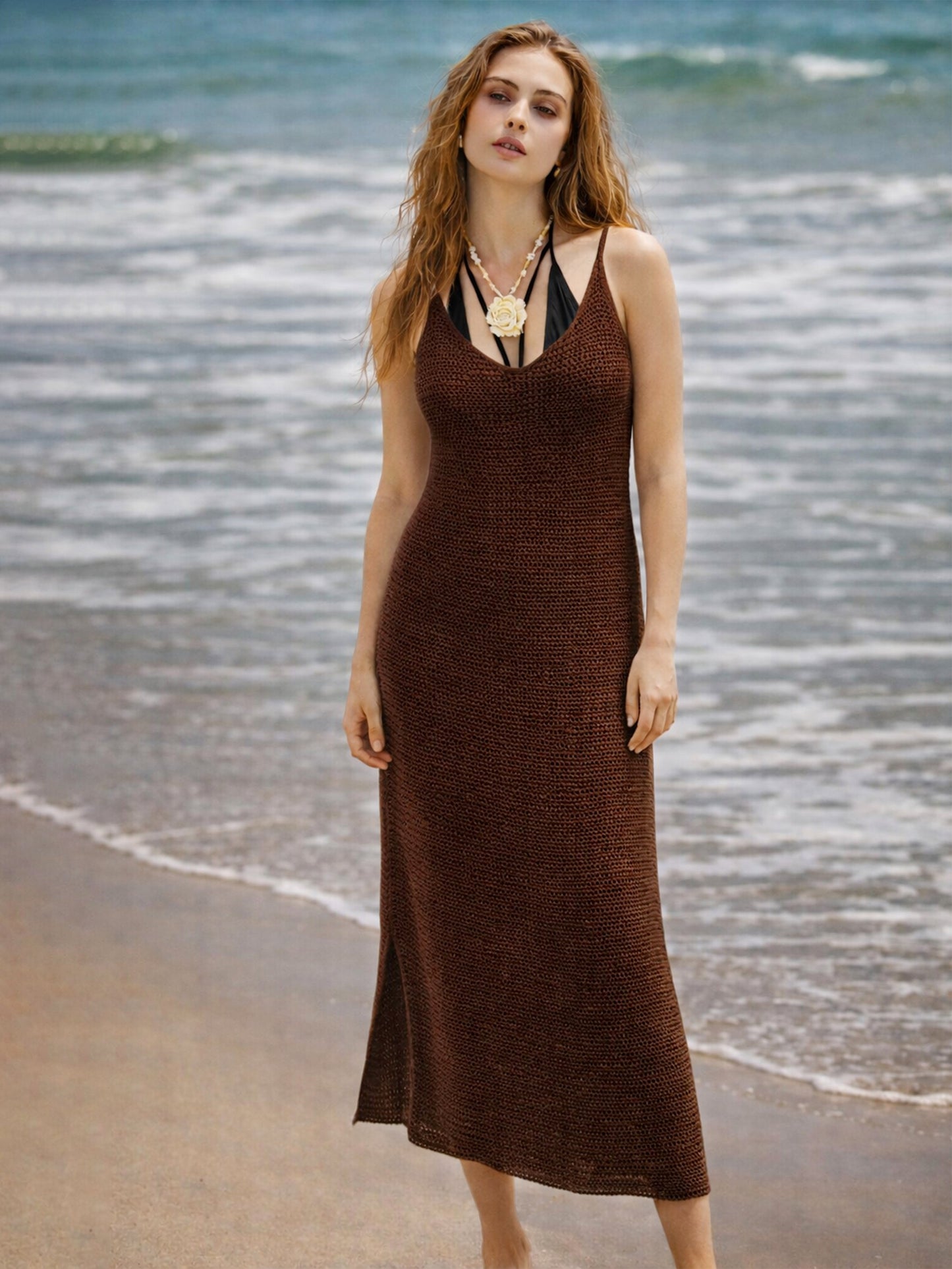 Brown Crochet Round Neck Strappy Beach Maxi Dress