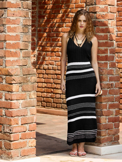 Black Crochet Variegated Stripes Strappy Beach Maxi