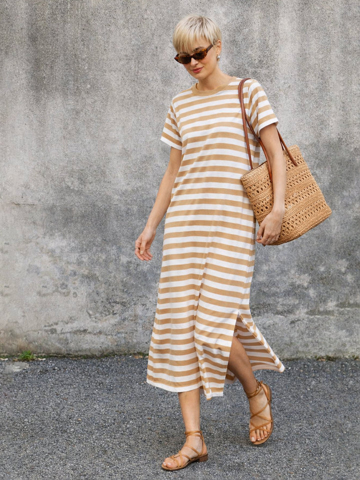 Women Beige &amp; White Stripes Short Sleeves T-Shirt Maxi Dress