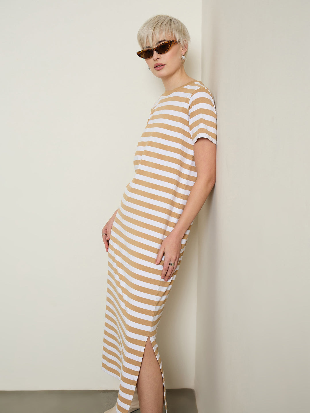 Women Beige &amp; White Stripes Short Sleeves T-Shirt Maxi Dress