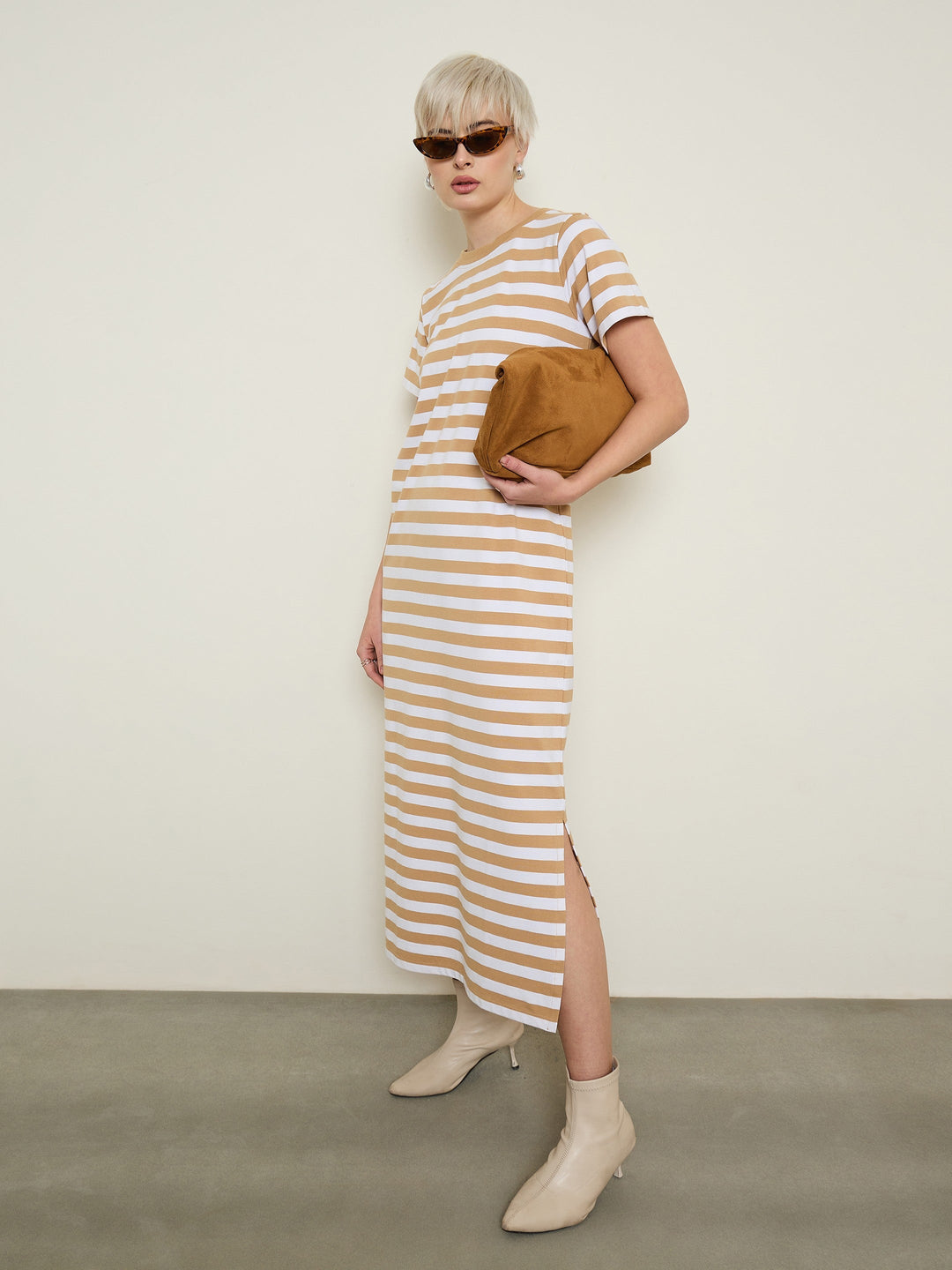 Women Beige &amp; White Stripes Short Sleeves T-Shirt Maxi Dress