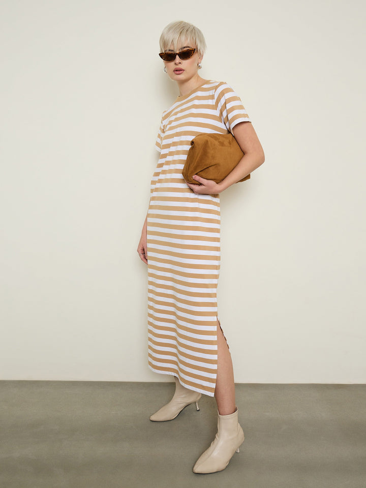 Women Beige &amp; White Stripes Short Sleeves T-Shirt Maxi Dress