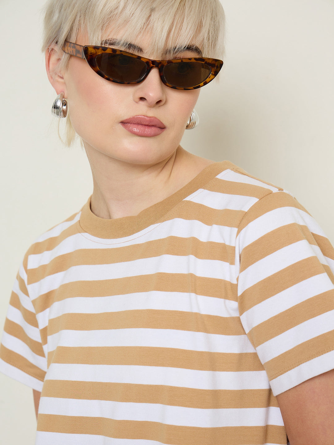 Women Beige &amp; White Stripes Short Sleeves T-Shirt Maxi Dress