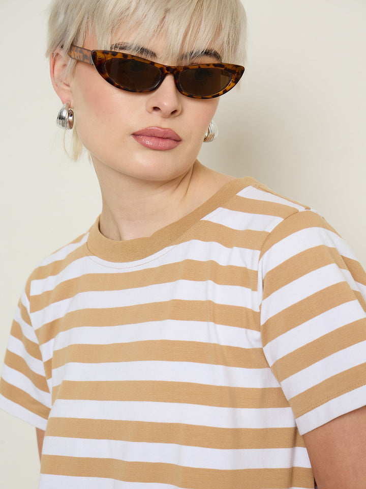 Women Beige &amp; White Stripes Short Sleeves T-Shirt Maxi Dress
