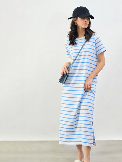 Blue & White Stripes Short Sleeves T-Shirt Maxi Dress