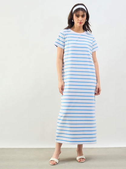 Blue & White Stripes Short Sleeves T-Shirt Maxi Dress