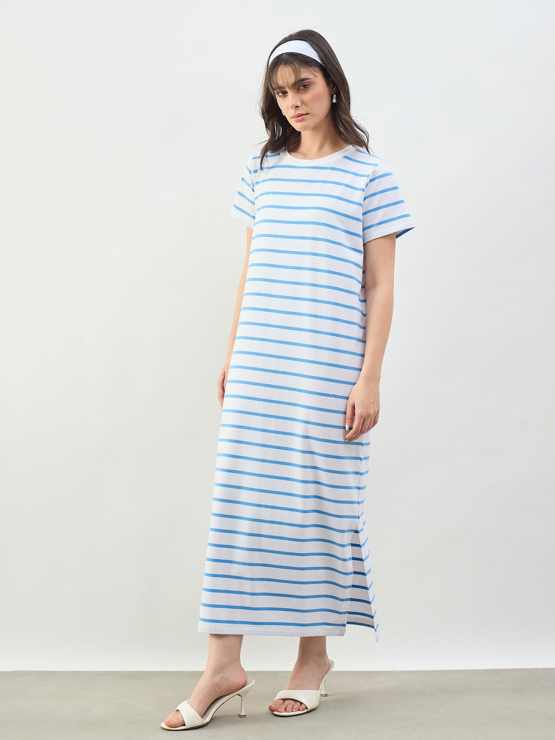 Blue &amp; White Stripes Short Sleeves T-Shirt Maxi Dress