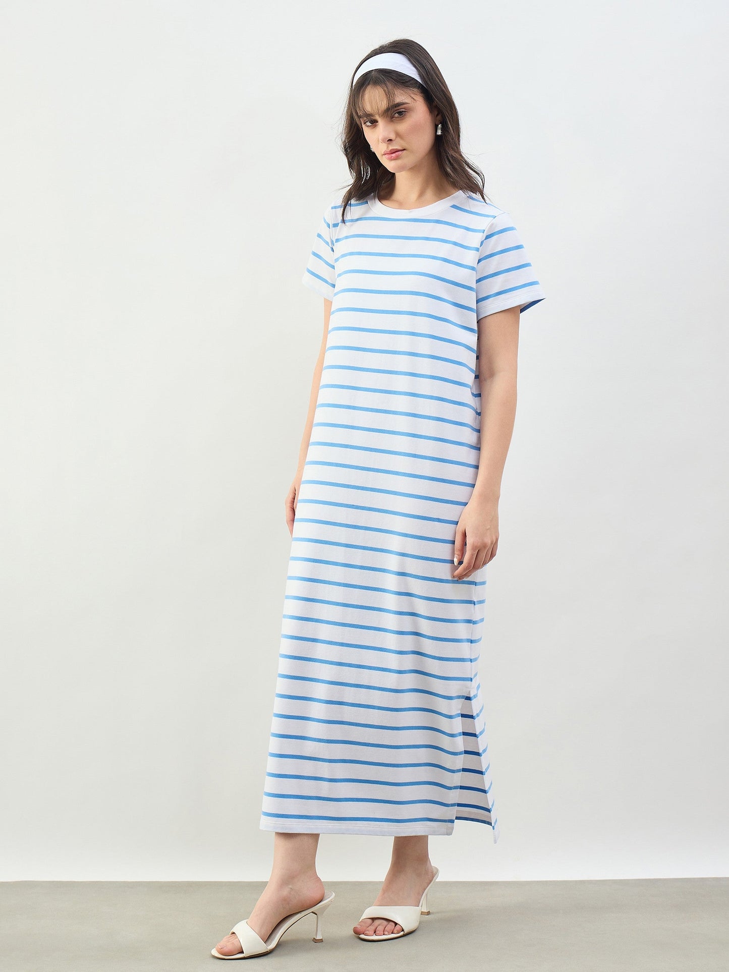 Blue & White Stripes Short Sleeves T-Shirt Maxi Dress