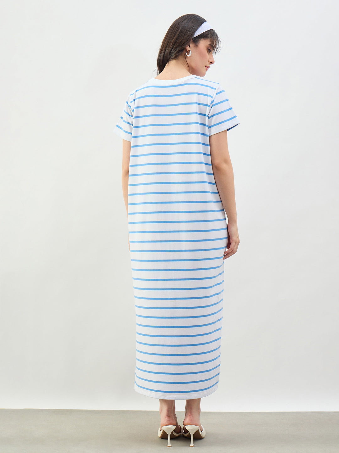 Blue &amp; White Stripes Short Sleeves T-Shirt Maxi Dress