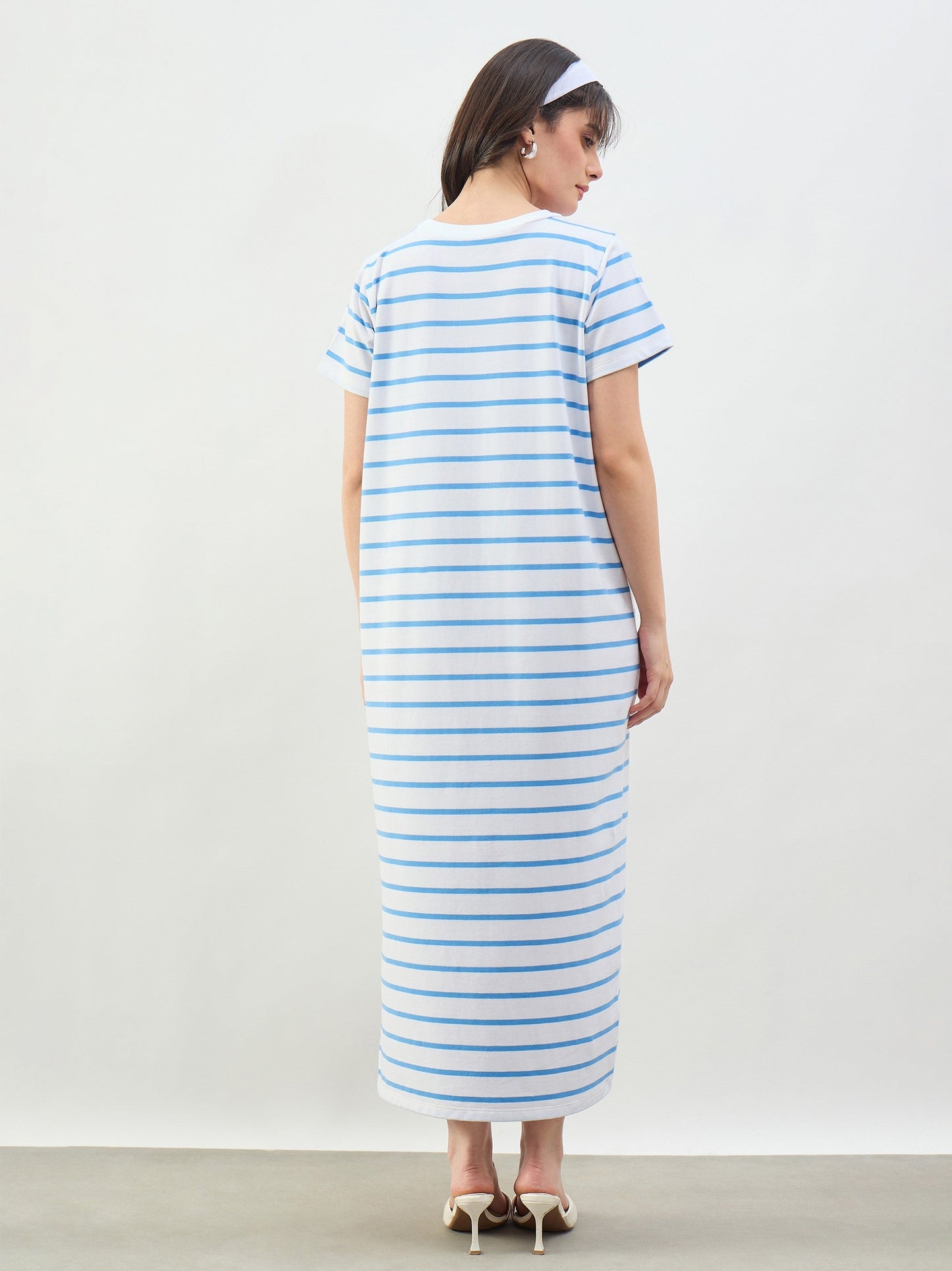 Blue & White Stripes Short Sleeves T-Shirt Maxi Dress