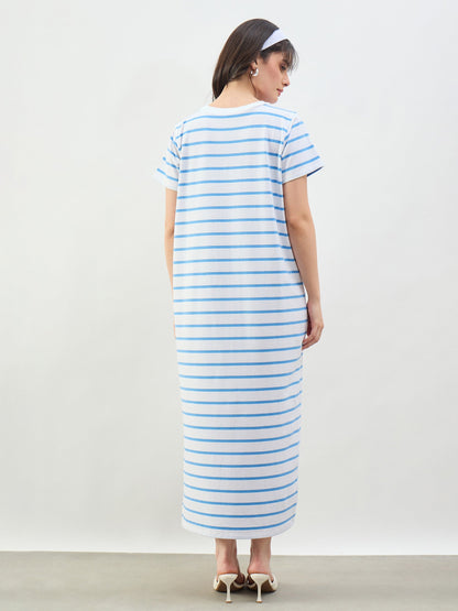 Blue & White Stripes Short Sleeves T-Shirt Maxi Dress