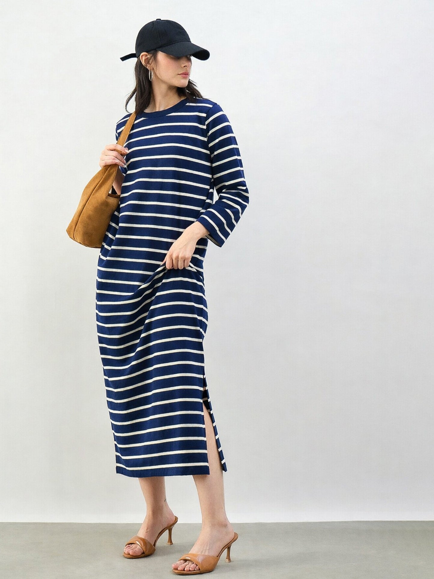 Navy & White Stripes Long Sleeves T-Shirt Maxi Dress