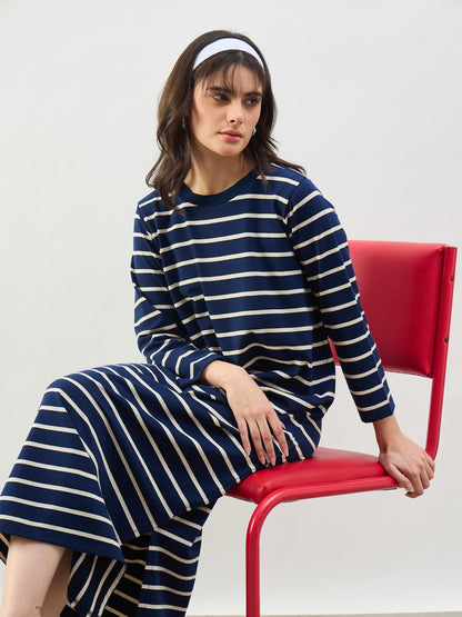 Navy & White Stripes Long Sleeves T-Shirt Maxi Dress