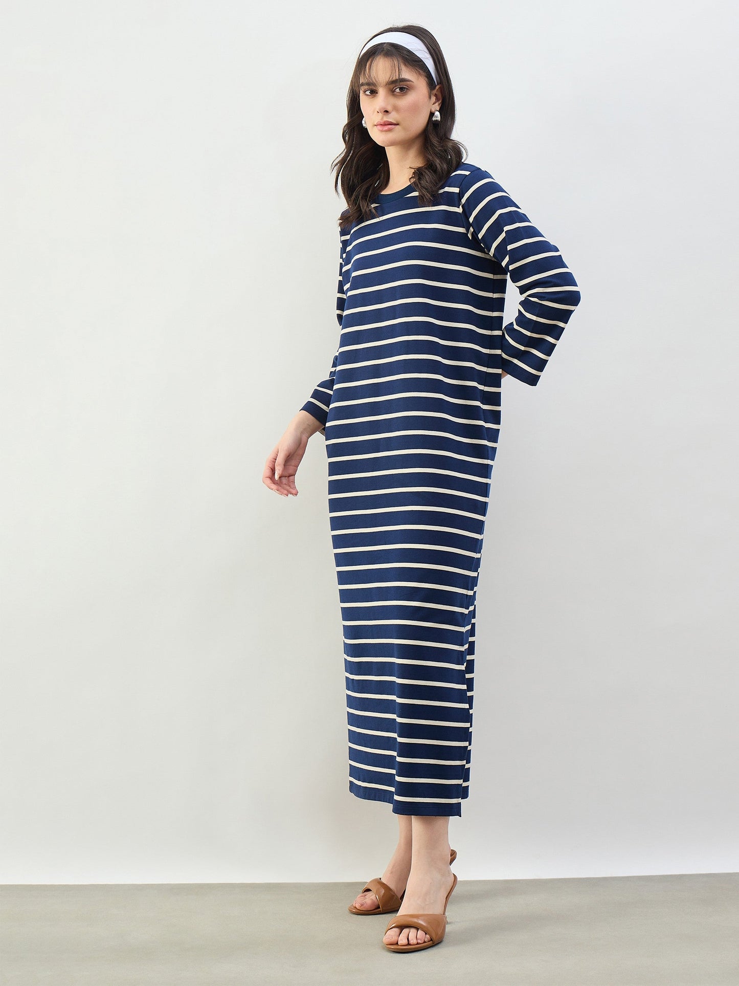 Navy & White Stripes Long Sleeves T-Shirt Maxi Dress