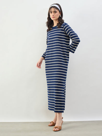 Navy & White Stripes Long Sleeves T-Shirt Maxi Dress