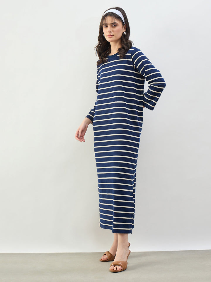 Navy &amp; White Stripes Long Sleeves T-Shirt Maxi Dress