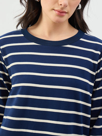 Navy & White Stripes Long Sleeves T-Shirt Maxi Dress