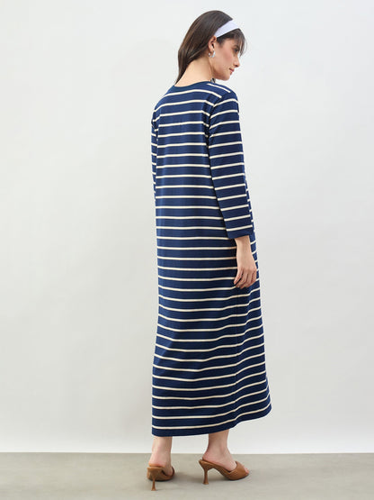 Navy & White Stripes Long Sleeves T-Shirt Maxi Dress