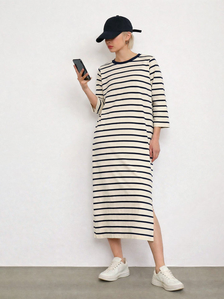Women Beige &amp; Navy Stripes Long Sleeves T-Shirt Maxi Dress