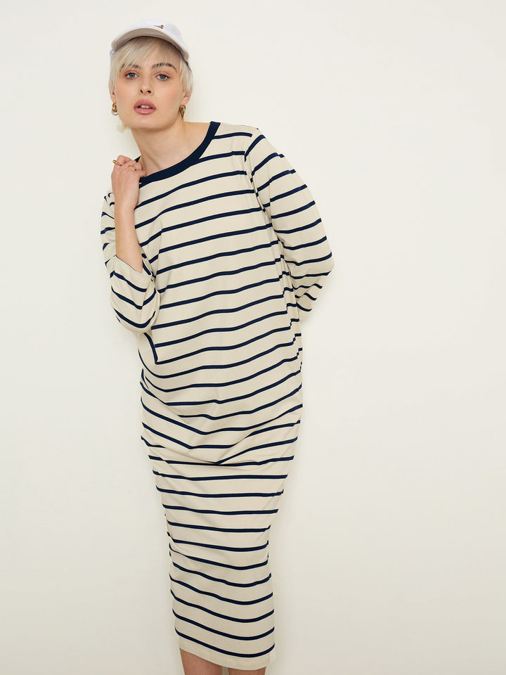 Women Beige &amp; Navy Stripes Long Sleeves T-Shirt Maxi Dress