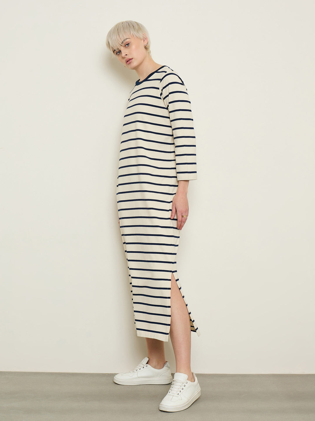 Women Beige &amp; Navy Stripes Long Sleeves T-Shirt Maxi Dress