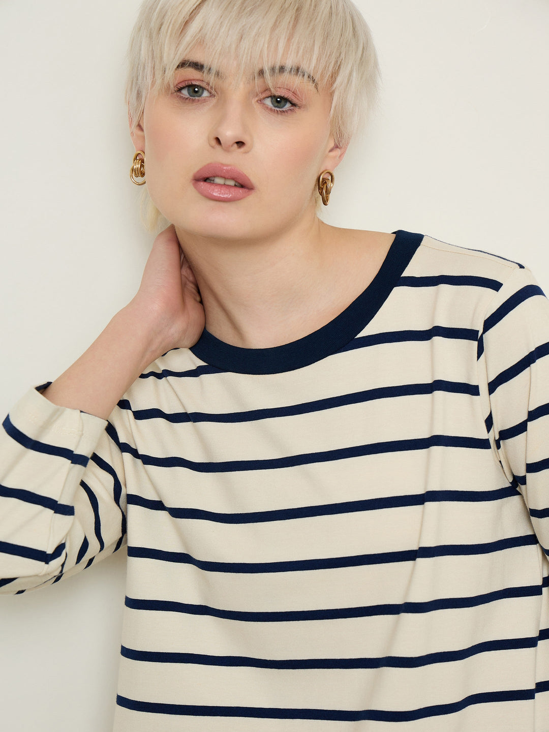 Women Beige &amp; Navy Stripes Long Sleeves T-Shirt Maxi Dress