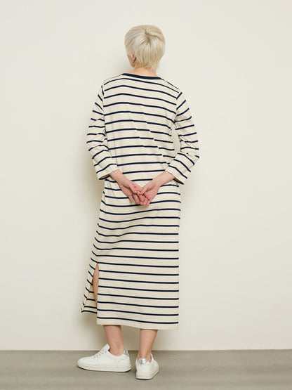 Women Beige & Navy Stripes Long Sleeves T-Shirt Maxi Dress