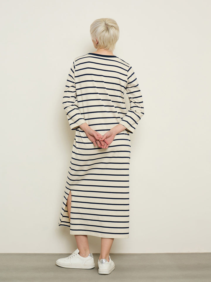 Women Beige &amp; Navy Stripes Long Sleeves T-Shirt Maxi Dress