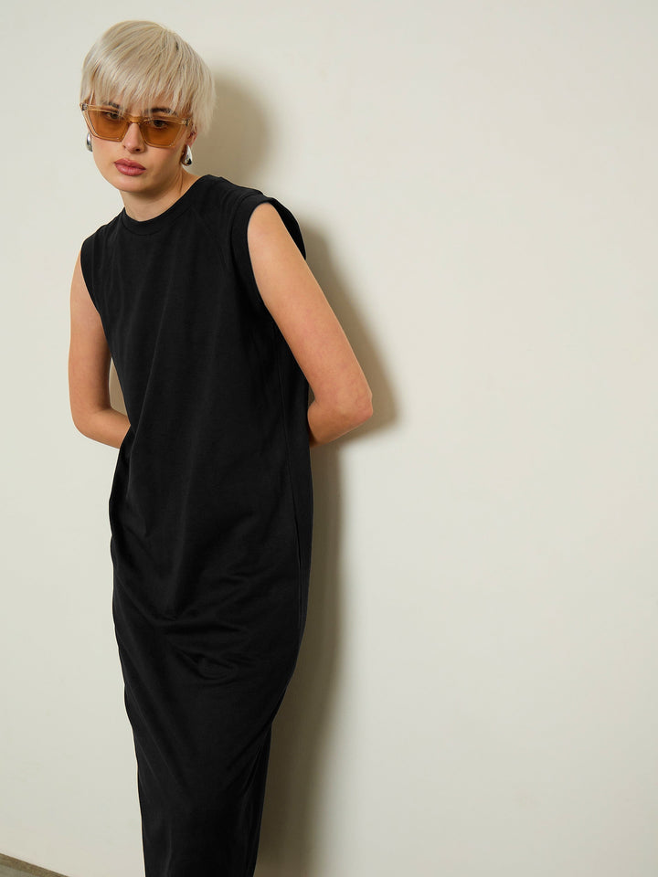 Women Black Cap Sleeves Oversized T-Shirt Dress
