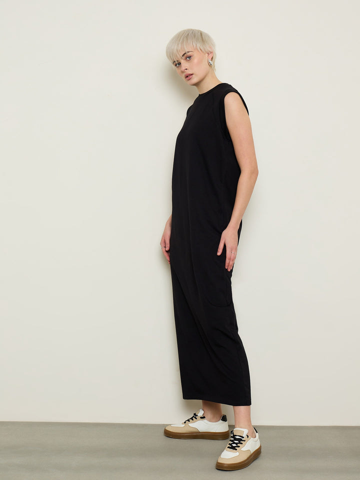 Women Black Cap Sleeves Oversized T-Shirt Dress